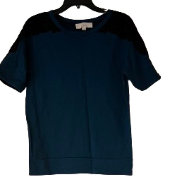 Loft Teal T-Shirt w/Crocheted Black Lace on Shoulders - Medium - Picture 2 of 5